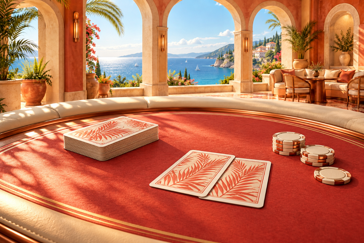 Ivory and coral card backs on a sunlit coastal blackjack table